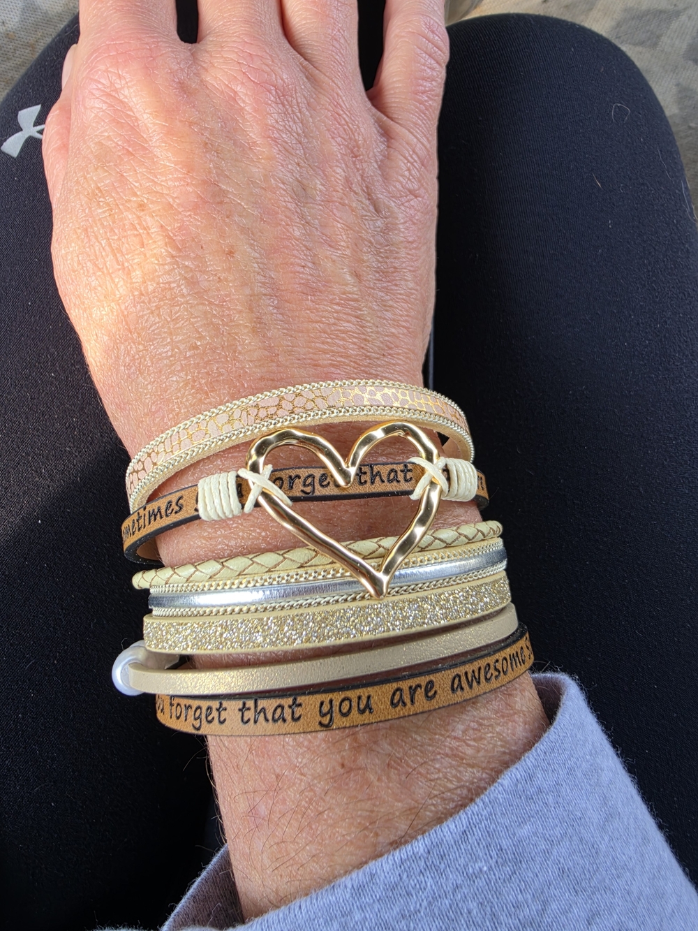 Heart Accent Multi-Strand Wrap Bracelet - Gold and Beige